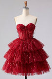 Sparkly Burgundy A Line Tiered Sequined Corset Short Cocktail Dress