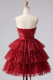 Sparkly Burgundy A Line Tiered Sequined Corset Short Cocktail Dress
