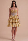 Sparkly Beaded Golden A Line Tiered Short Cocktail Dress