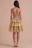 Sparkly Beaded Golden A Line Tiered Short Cocktail Dress
