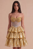 Sparkly Beaded Golden A Line Tiered Short Cocktail Dress