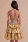 Sparkly Beaded Golden A Line Tiered Short Cocktail Dress