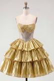 Sparkly Beaded Golden A Line Tiered Short Cocktail Dress