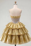 Sparkly Beaded Golden A Line Tiered Short Cocktail Dress
