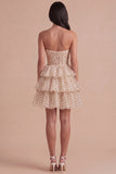 A Line Apricot Black Dot Tiered Cut Out Short Cocktail Dress