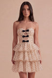 A Line Apricot Black Dot Tiered Cut Out Short Cocktail Dress
