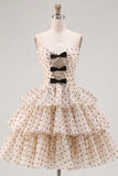 A Line Apricot Black Dot Tiered Cut Out Short Cocktail Dress
