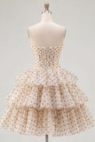 A Line Apricot Black Dot Tiered Cut Out Short Cocktail Dress