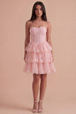 Pink Corset Floral Ruffled Strapless Short Cocktail Dress