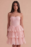 Pink Corset Floral Ruffled Strapless Short Cocktail Dress