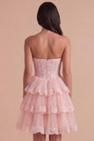 Pink Corset Floral Ruffled Strapless Short Cocktail Dress