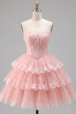 Pink Corset Floral Ruffled Strapless Short Cocktail Dress