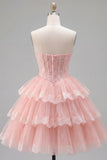 Pink Corset Floral Ruffled Strapless Short Cocktail Dress