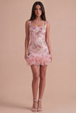Ruffled Thick Straps Pink Floral Sequined Short Cocktail Dress