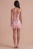 Ruffled Thick Straps Pink Floral Sequined Short Cocktail Dress