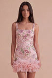 Ruffled Thick Straps Pink Floral Sequined Short Cocktail Dress