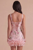 Ruffled Thick Straps Pink Floral Sequined Short Cocktail Dress