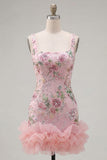 Ruffled Thick Straps Pink Floral Sequined Short Cocktail Dress