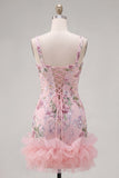 Ruffled Thick Straps Pink Floral Sequined Short Cocktail Dress