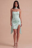Mint Corset Satin Ruched Short Cocktail Dress with Slit
