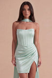Mint Corset Satin Ruched Short Cocktail Dress with Slit