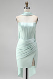 Mint Corset Satin Ruched Short Cocktail Dress with Slit
