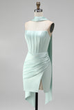 Mint Corset Satin Ruched Short Cocktail Dress with Slit