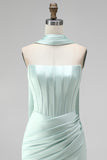 Mint Corset Satin Ruched Short Cocktail Dress with Slit