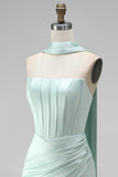 Mint Corset Satin Ruched Short Cocktail Dress with Slit
