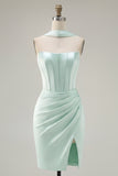 Mint Corset Satin Ruched Short Cocktail Dress with Slit