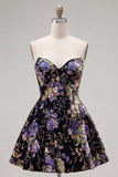Sparkly A Line Black Floral Sweetheart Short Cocktail Dress