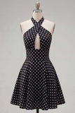 Black White Dot A Line Cut Cut Short Cocktail Dress