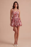 Red Floral A Line High Waist Short Cocktail Dress with Bow