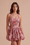 Red Floral A Line High Waist Short Cocktail Dress with Bow