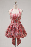 Red Floral A Line High Waist Short Cocktail Dress with Bow