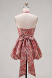Red Floral A Line High Waist Short Cocktail Dress with Bow