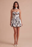 White Black Floral High Waist Short Cocktail Dress with Neck Scarf