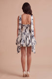 White Black Floral High Waist Short Cocktail Dress with Neck Scarf