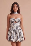 White Black Floral High Waist Short Cocktail Dress with Neck Scarf