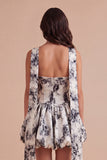White Black Floral High Waist Short Cocktail Dress with Neck Scarf