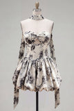 White Black Floral High Waist Short Cocktail Dress with Neck Scarf