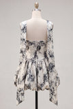 White Black Floral High Waist Short Cocktail Dress with Neck Scarf