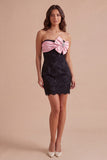 Black Pink Bodycon Floral Strapless Short Cocktail Dress with Bow