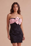 Black Pink Bodycon Floral Strapless Short Cocktail Dress with Bow