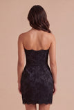 Black Pink Bodycon Floral Strapless Short Cocktail Dress with Bow