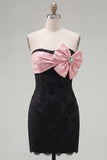 Black Pink Bodycon Floral Strapless Short Cocktail Dress with Bow