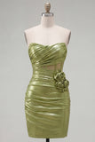 Green Corset Bodycon Ruched Short Cocktail Dress with 3D Flower