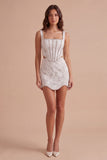 Sparkly Beaded White Corset Thick Straps Short Cocktail Dress