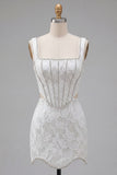 Sparkly Beaded White Corset Thick Straps Short Cocktail Dress