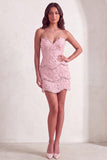 Sparkly Pink Beaded Bodycon Floral Short Cocktail Dress